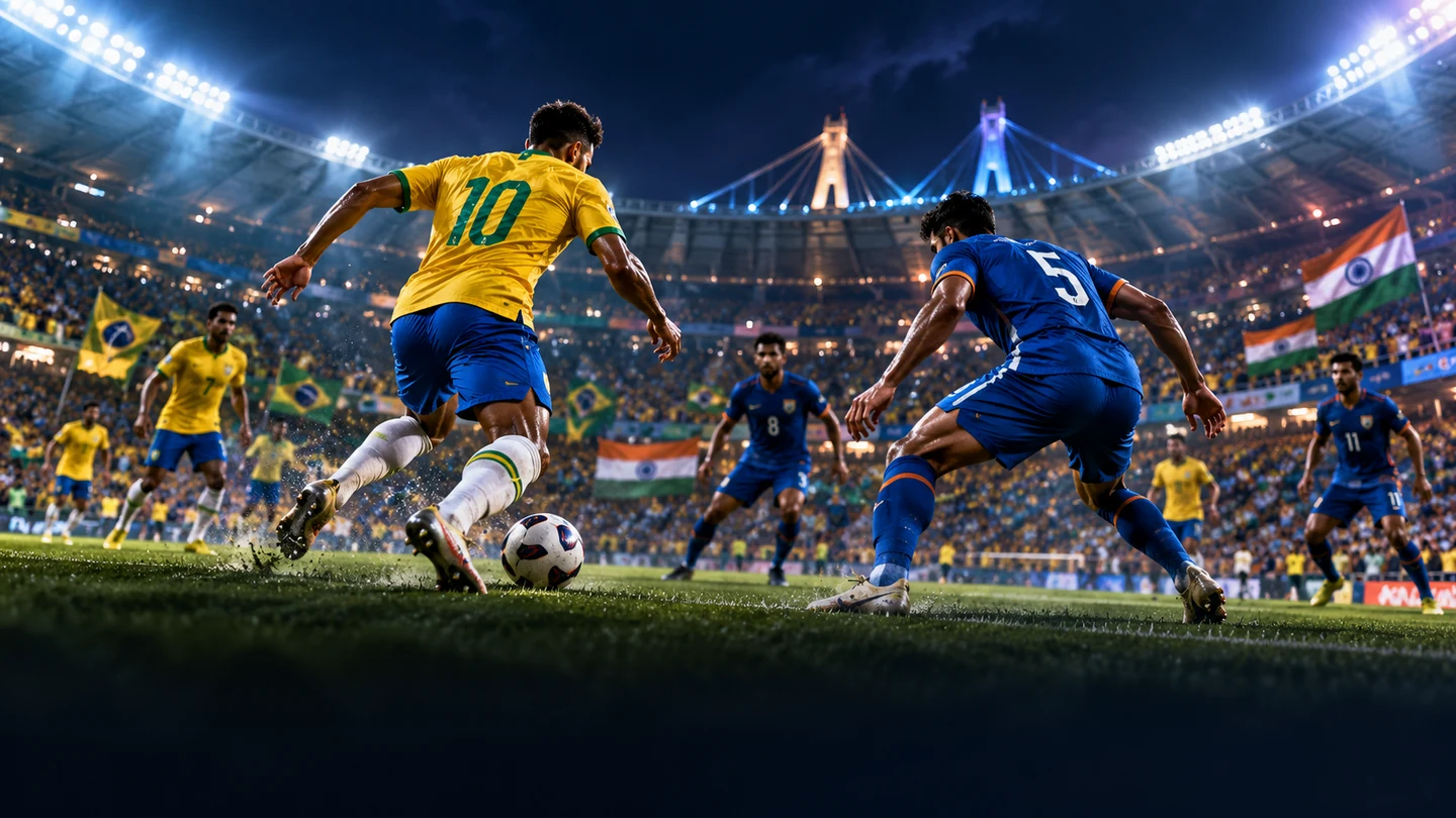 Ilustração cinematográfica de Brasil x Índia em estádio iluminado