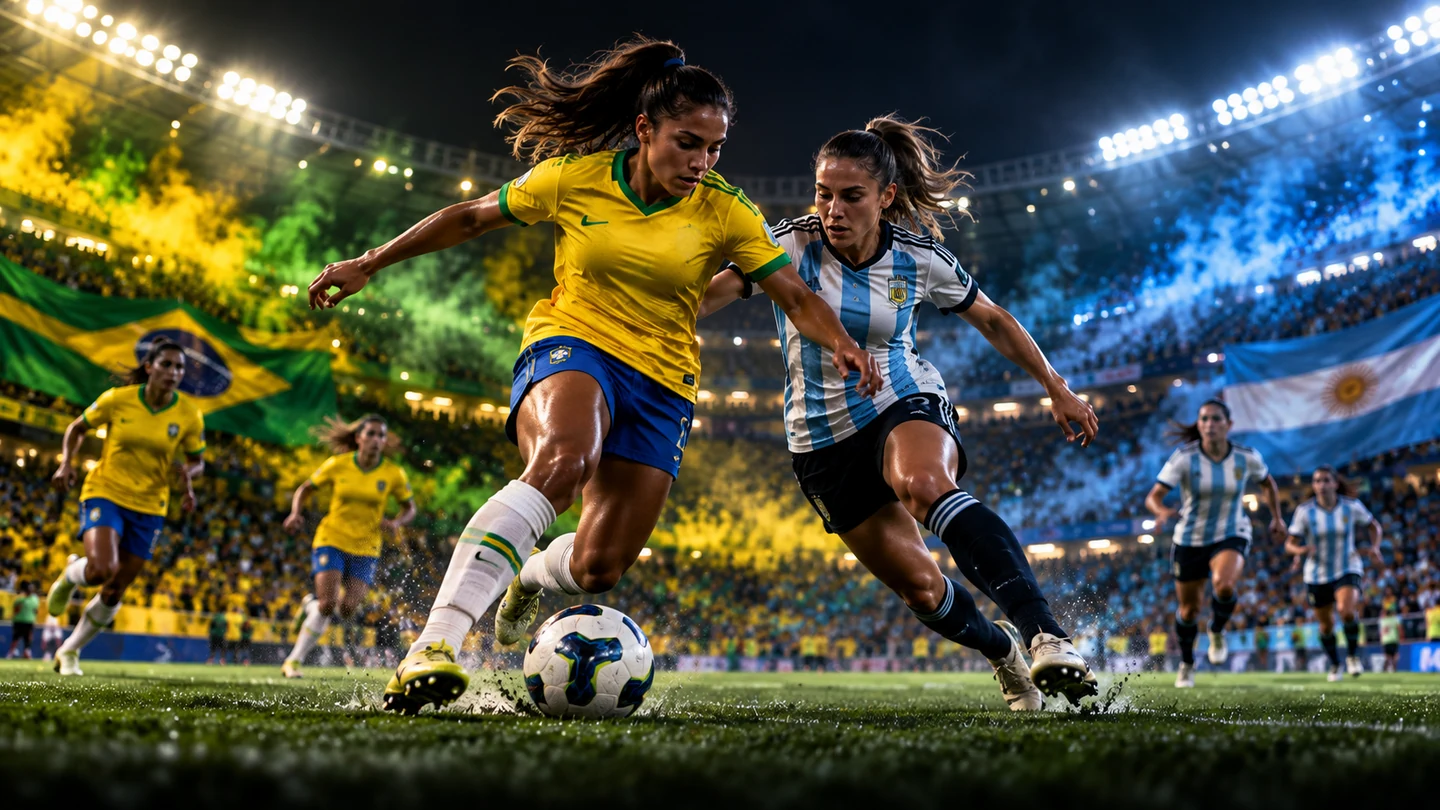 Ilustração cinematográfica de Brasil Feminino x Argentina em estádio iluminado