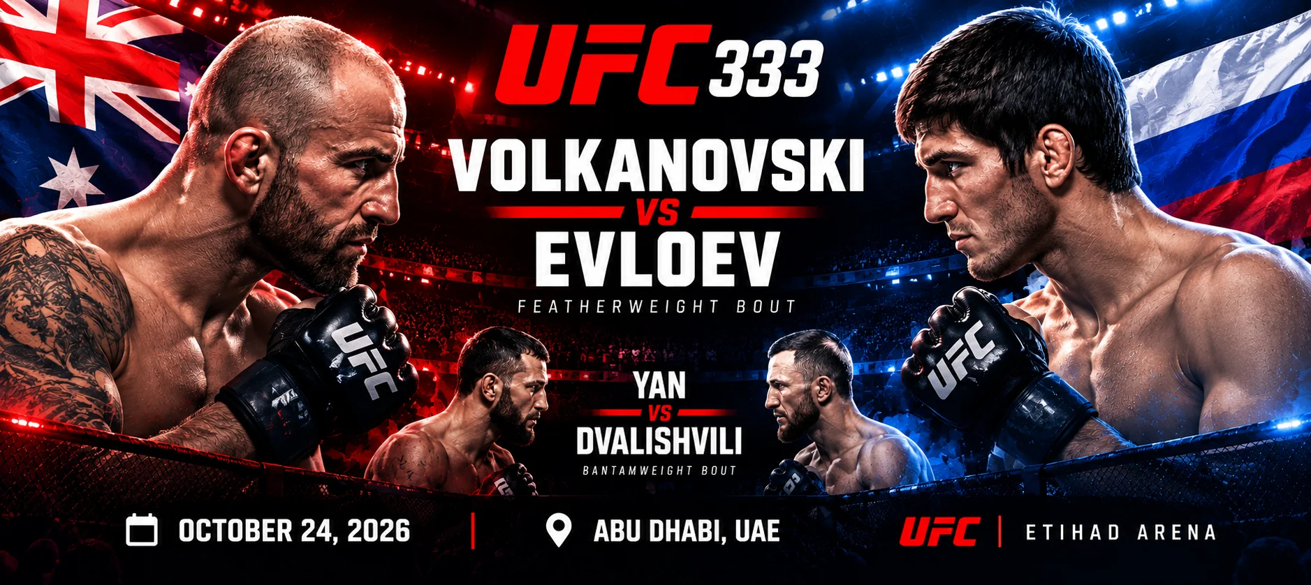 Иллюстрированный постер UFC 333: Александр Волкановски и Мовсар Евлоев лицом к лицу, ниже — Пётр Ян и Мераб Двалишвили; 24 октября 2026, Etihad Arena, Абу-Даби