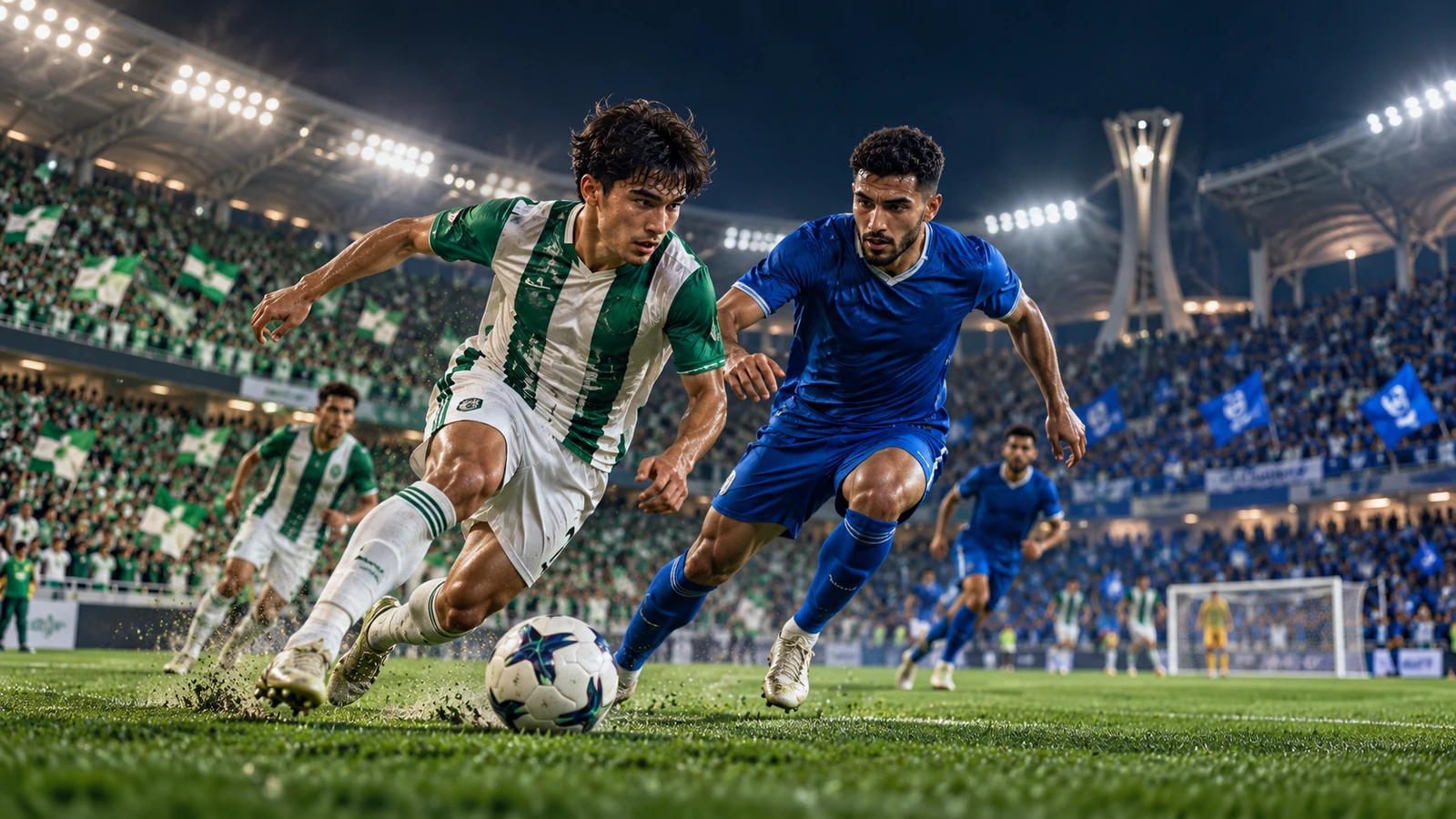 Neftchi va Al Hilal futbolchilari yoritilgan stadionda to‘p uchun kurashmoqda — badiiy tasvir